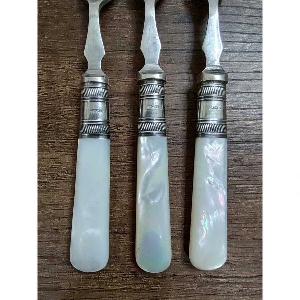 Antique Mother of Pearl Serving Forks Set of 3 Sterling Ferrules EPNS Victorian
